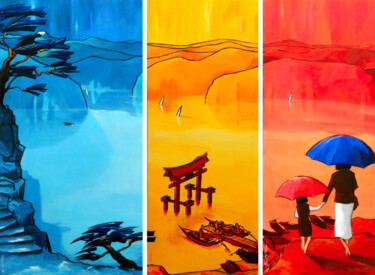 Tokyo, triptyque estamplatif variations bleue, jaune rouge